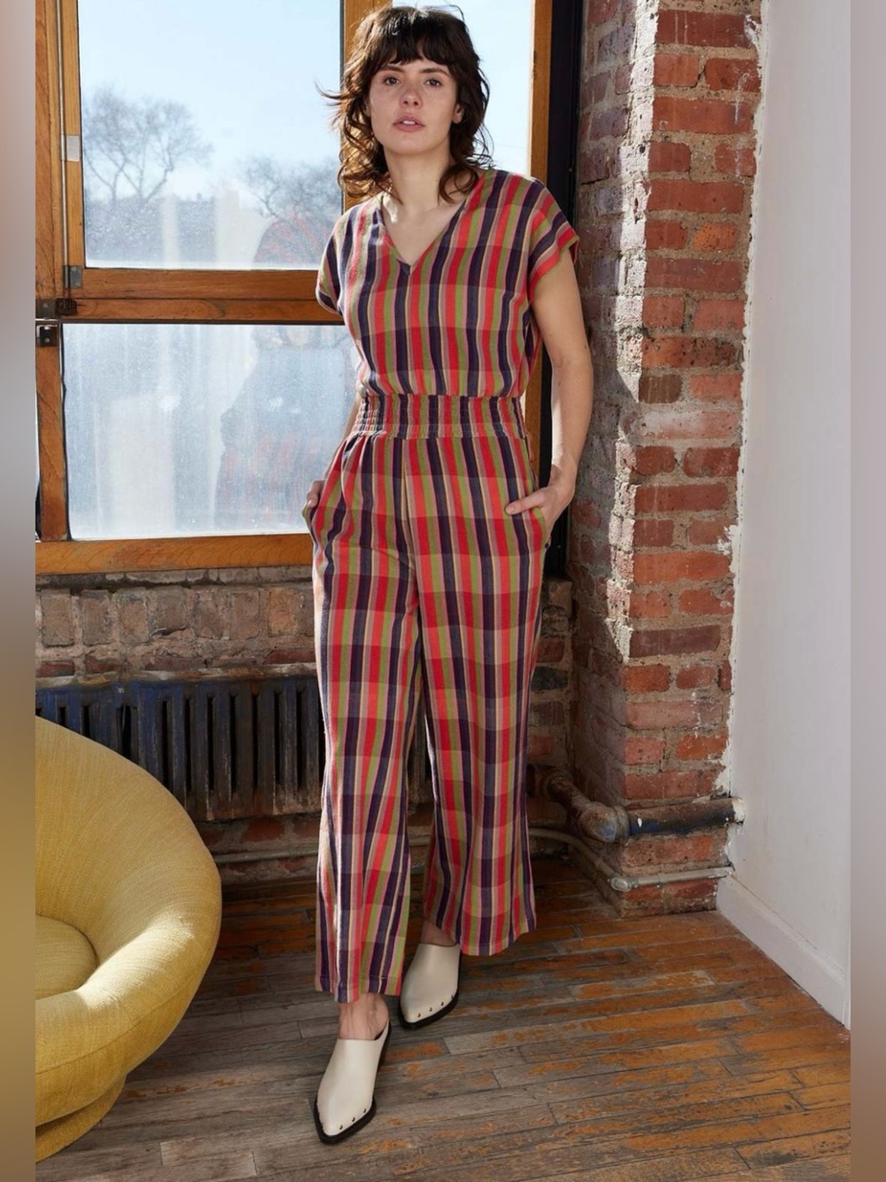 Rujuta Sheth Marie Cinch Waist Jumpsuit | Citrus Chex | Size Small